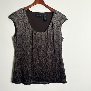 Axcess Womens XL Brown Paisley Mesh Cap Sleeve Scoop Neck Blouse Lined‎ Top